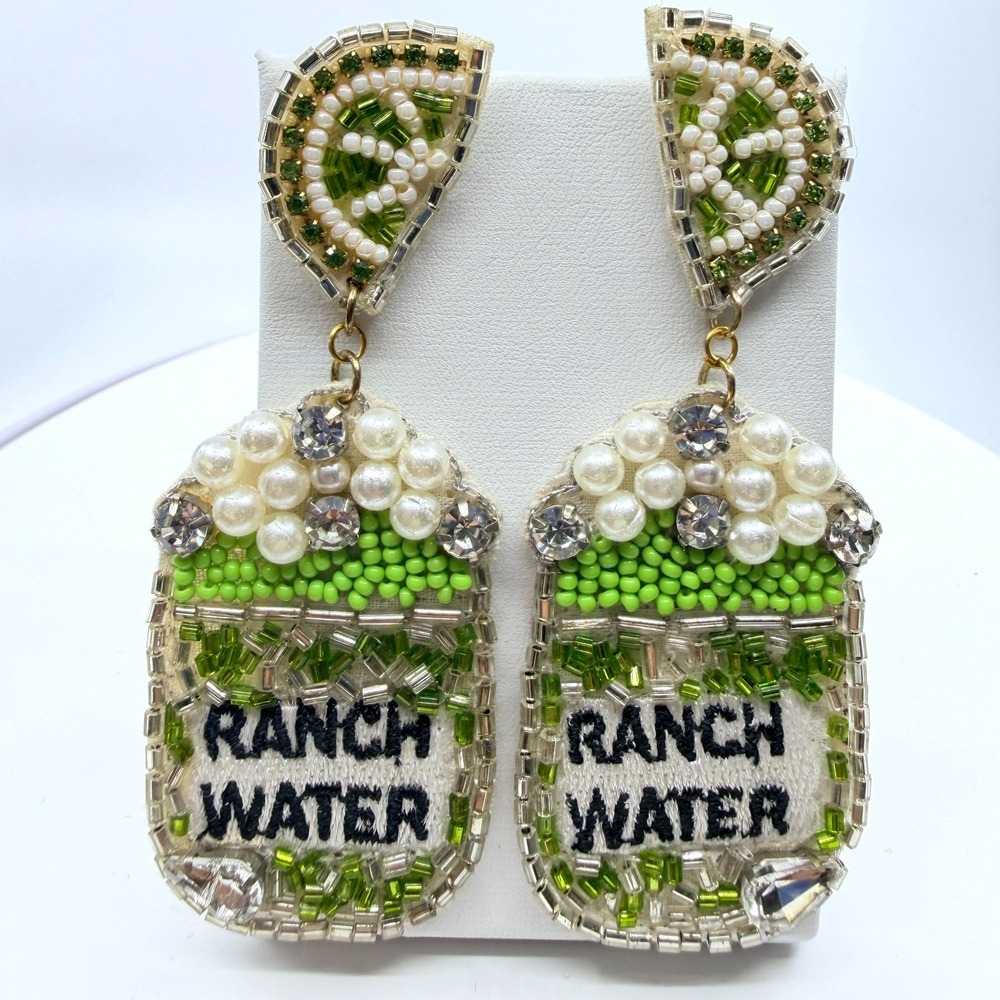 VTG Western Beaded Ranch Water Drink Dangle Earrings Lime Slice Cocktail Boho